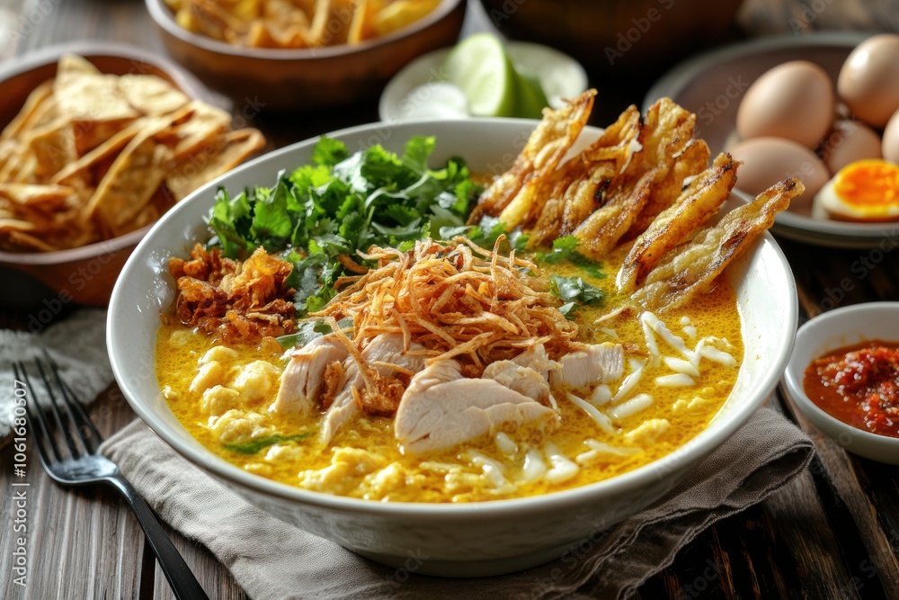 A steaming bowl of yellow soto soup sits on the table, topped with a boiled egg, crispy tempe, and crunchy crackers. A wedge of lime adds a fresh zest, completing this flavorful, comforting dish. A steaming bowl of yellow soto soup sits on the table, topped with a boiled egg, crispy tempe, and crunchy crackers. A wedge of lime adds a fresh zest, completing this flavorful, comforting dish.