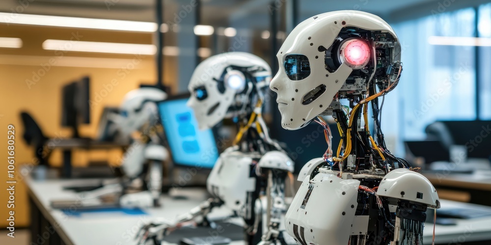 An advanced cybernetics research lab featuring sophisticated robotic prototypes, where scientists test new technologies. An advanced cybernetics research lab featuring sophisticated robotic prototypes, where scientists test new technologies.