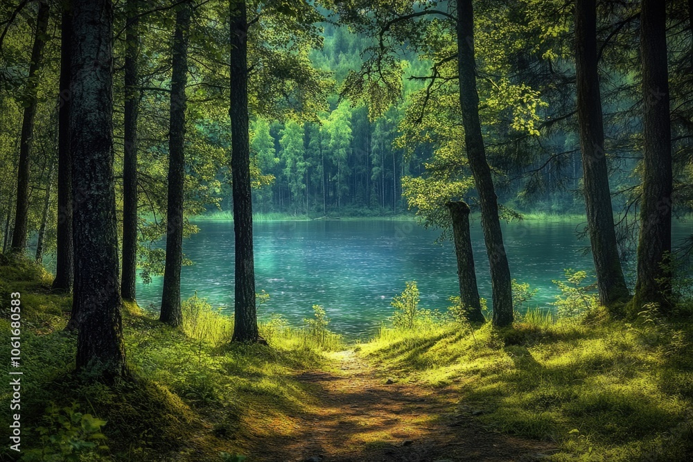 A dirt path runs through the middle of a forest, with a body of water visible in the background