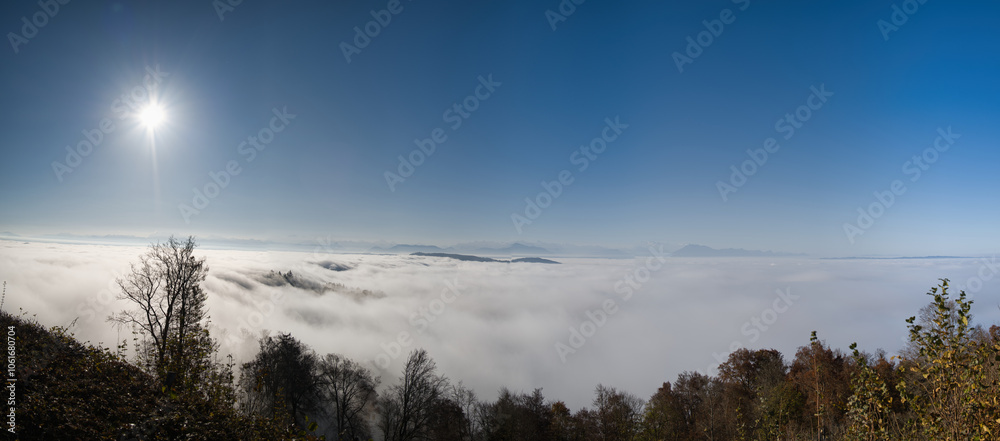 Panorama of the sea of fog on the Uetliberg with blue sky in autumn Panorama of the sea of fog on the Uetliberg with blue sky in autumn