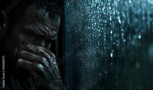 Man looks out window in the rain. photo