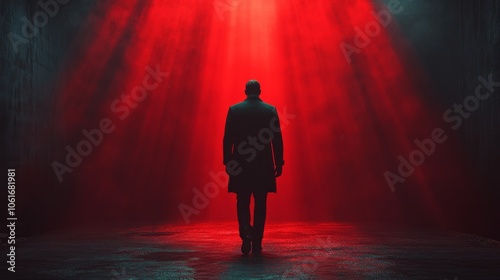 A man is walking in a red lighted area