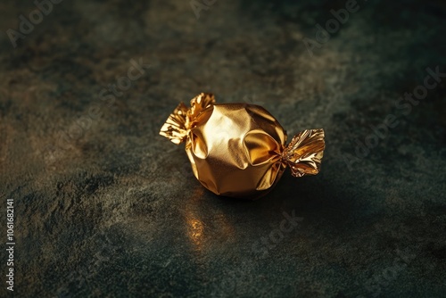 A gold wrapped candy sits on a table, waiting to be enjoyed photo