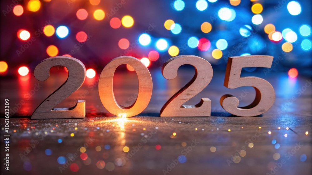 Wooden 2025 Figures with Colorful Bokeh Lights Wooden 2025 Figures with Colorful Bokeh Lights