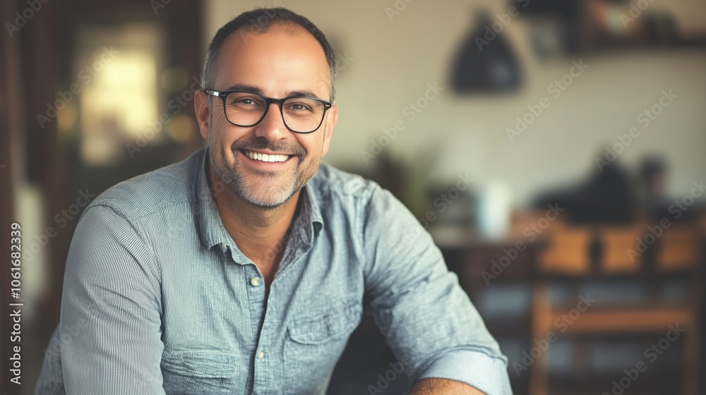 A man with glasses and a blue shirt is smiling for the camera A man with glasses and a blue shirt is smiling for the camera