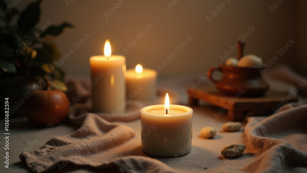 A cozy candlelit setting with a wooden table, fabric, and natural elements. A cozy candlelit setting with a wooden table, fabric, and natural elements.