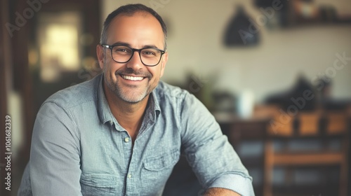 A man with glasses and a blue shirt is smiling for the camera