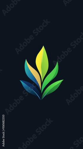 A stylized green, blue, and yellow leaf design against a black background