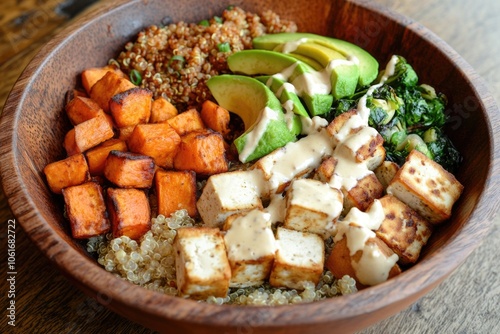 A wooden bowl filled with colorful vegetables and tofu, perfect for healthy meals or snack photo