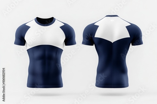 blank navy and white rash guard mockup front and back view.
