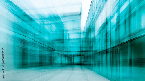 Urban background with turquoise motion blur. Modern city buildings with zoom speed effect and symmetrical perspective. Dynamic architecture texture. Future metropolis concept.