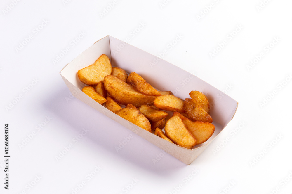 The potatoes are in wedges in the package. On a white background. The potatoes are in wedges in the package. On a white background.