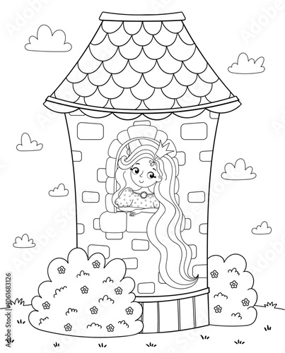 Coloring book and page for children. Fairy Tale scene with cute princess in the tower black and white illustration. Vector illustration in a cartoon style.