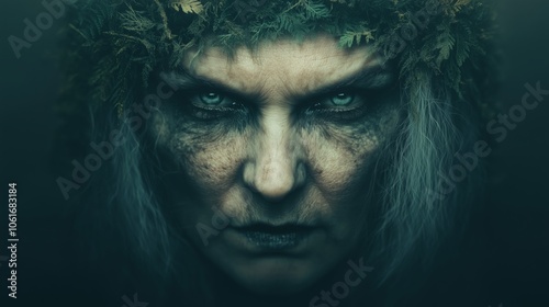 Enigmatic portrait of a female forest spirit with textured, leaf-like skin and closed eyes, blending nature and mystery in a serene ambiance.