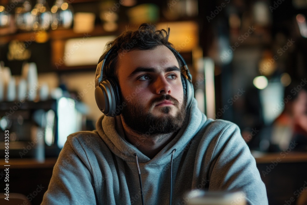 A person sits at a table wearing headphones, focused on his music