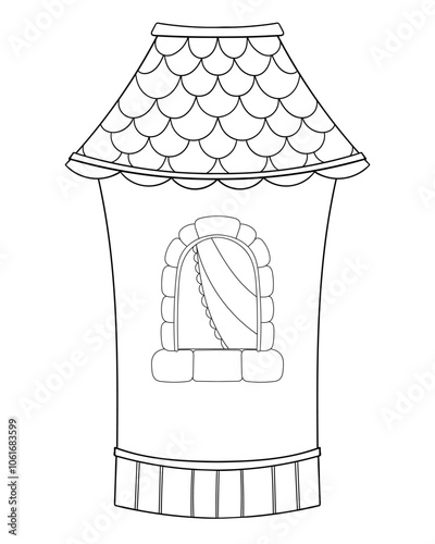 Tower in a cartoon style black and white illustration. Medieval tower of a castle and big window. Cute tower on a white background. Coloring book and page for children.
