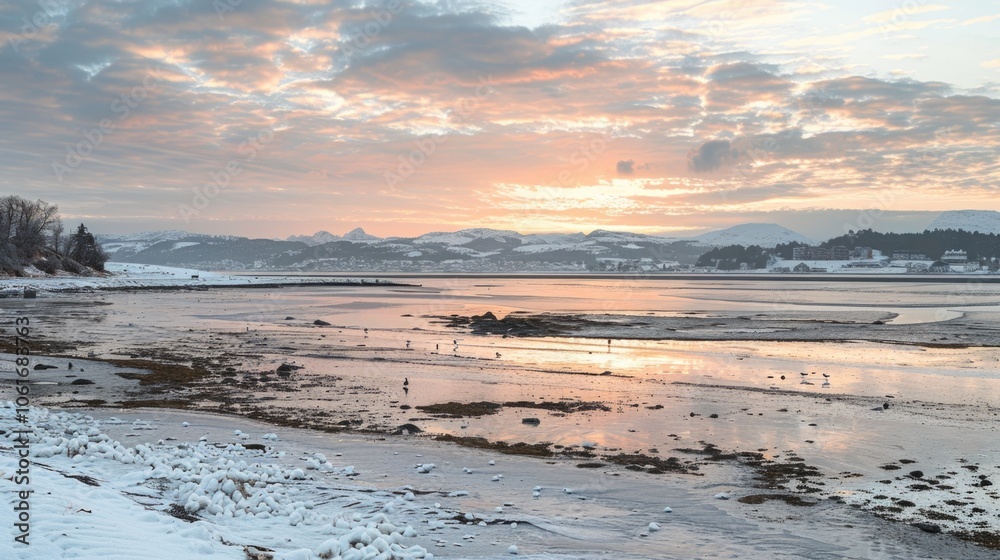 Snow-covered beach beside the ocean, perfect for winter wonderland scenes or cold climate photography Snow-covered beach beside the ocean, perfect for winter wonderland scenes or cold climate photography