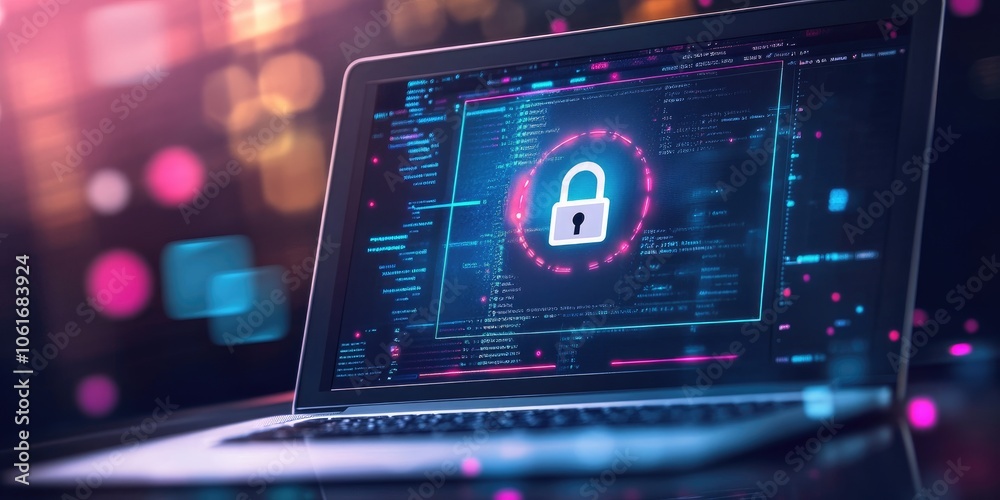 A laptop screen illustrates a successful encryption process with a padlock icon and a checkmark, emphasizing data security, with no people present. A laptop screen illustrates a successful encryption process with a padlock icon and a checkmark, emphasizing data security, with no people present.