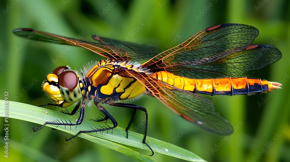 Colorful Dragonfly on Green Leaf in Nature Colorful Dragonfly on Green Leaf in Nature