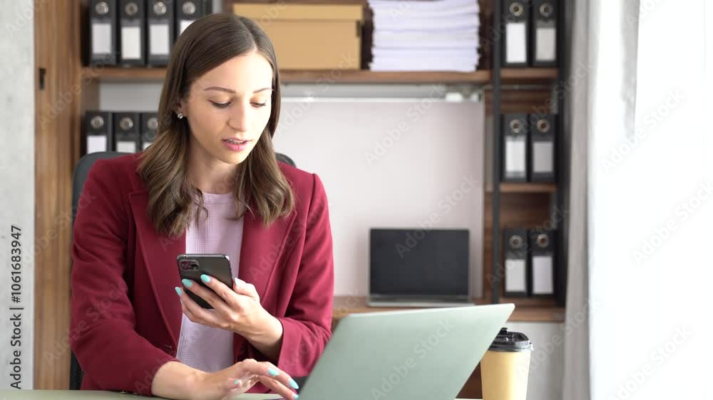 Business email marketing notification concept, Businesswoman use tablet and laptop receive message alert in the mailbox and transfer data at office. Business email marketing notification concept, Businesswoman use tablet and laptop receive message alert in the mailbox and transfer data at office.