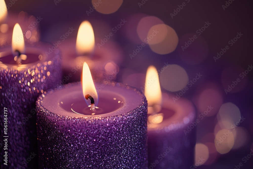 A cluster of purple candles arranged side by side A cluster of purple candles arranged side by side