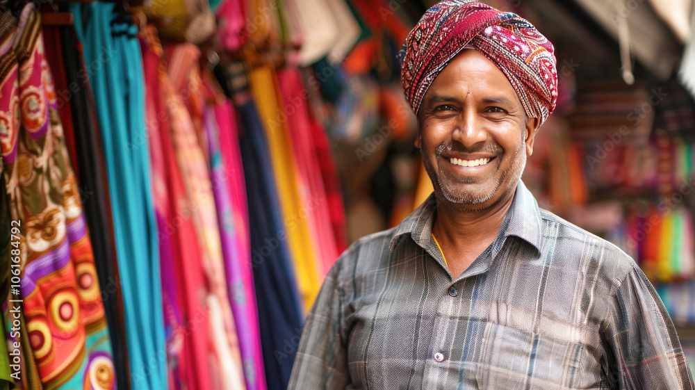 Fototapeta premium indian clothing store owner smiles