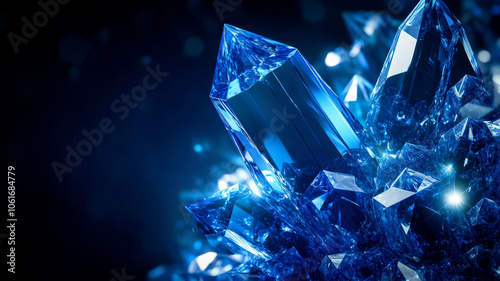 Close-up of sparkling blue crystals on a dark background with bokeh effect. Sharp, faceted edges reflecting light. Luxury and nature concept.