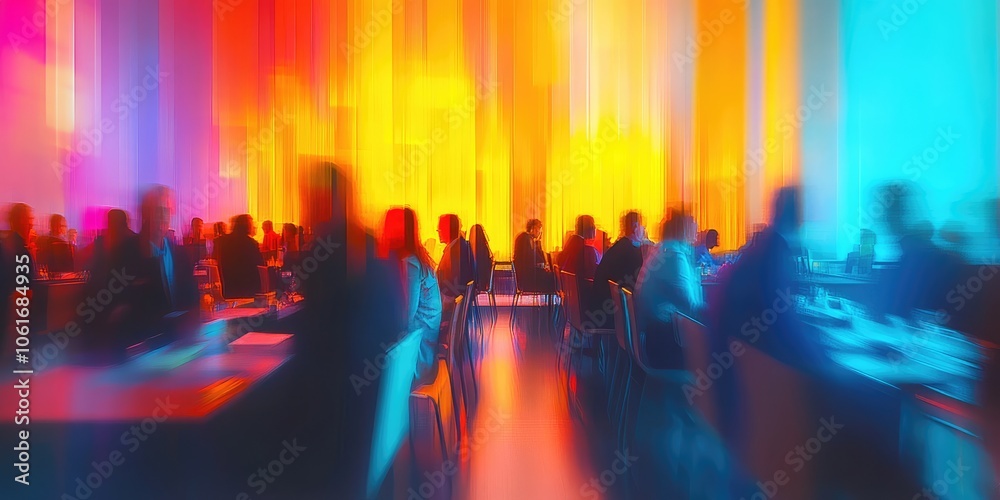 custom made wallpaper toronto digitalA corporate meeting depicted with blurred attendees and vibrant lighting, creating an abstract, professional setting.