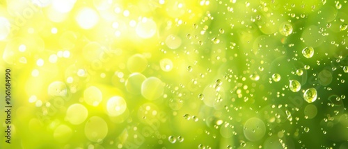 Radiant green bokeh with water droplets on sunlit background wallpaper, banner