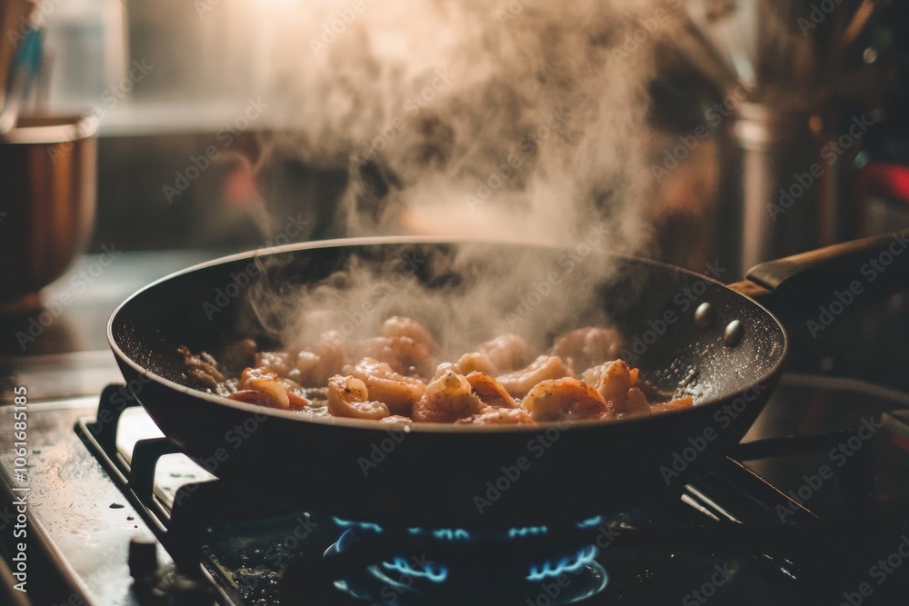 A frying pan filled with delicious food being cooked on a stove A frying pan filled with delicious food being cooked on a stove