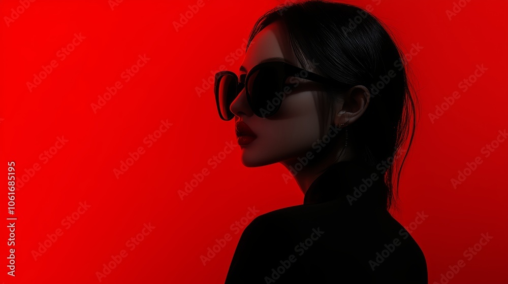 A woman in sunglasses stands in front of a red background A woman in sunglasses stands in front of a red background