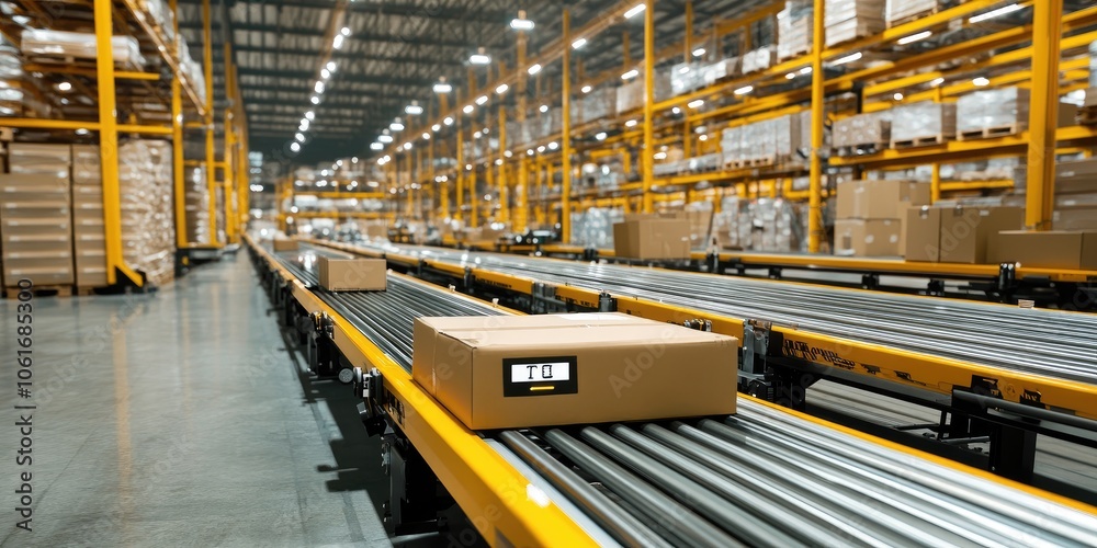 Warehouse featuring automated conveyor systems, rapid sorting robots, and digital inventory management displays.