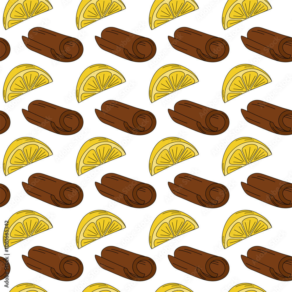 Lemon slices and Cinnamon sticks Seamless pattern in trendy Pop Art. Background or wallpaper concept