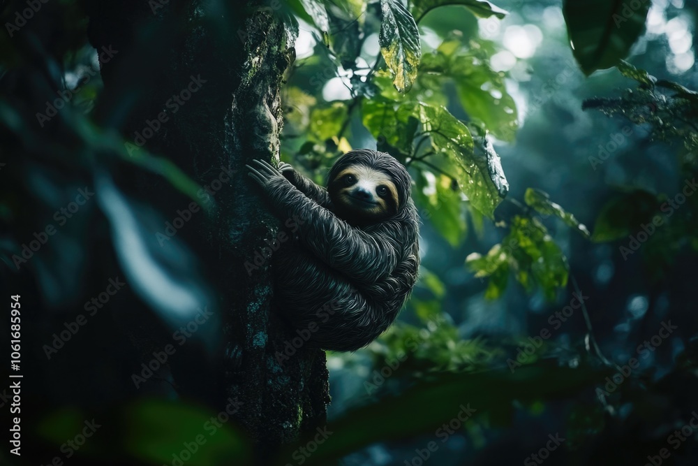A sloth hanging upside down from a tree branch in a lush jungle environment, suitable for use in wildlife or nature-themed projects A sloth hanging upside down from a tree branch in a lush jungle environment, suitable for use in wildlife or nature-themed projects