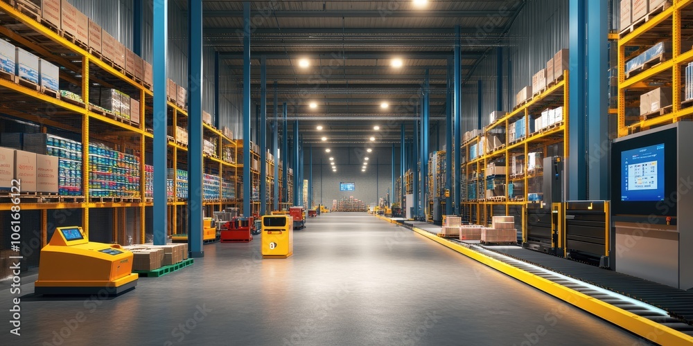 Warehouse featuring automated conveyor systems, rapid sorting robots, and digital inventory management displays. Warehouse featuring automated conveyor systems, rapid sorting robots, and digital inventory management displays.