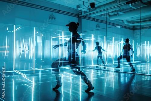 A choreographer in a modern dance studio, with an AI assistant as a digital shadow mimicking and enhancing dance moves, creating fluid motion. AIG60