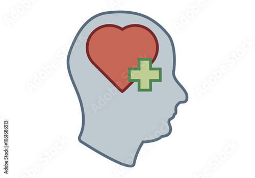 Cabeza con corazón y cruz verde de curar salud mental