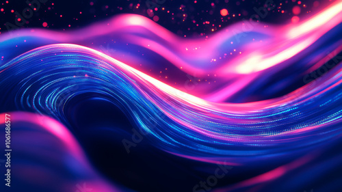 Abstract background with flowing purple and pink waves, enhanced by sparkling particles and glowing texture, creating a vibrant, futuristic, and dynamic atmosphere with energy and movement. 