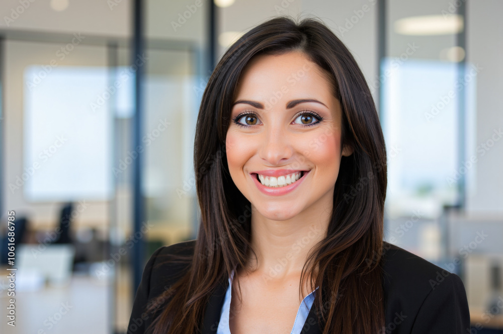 Smiling businesswoman posing in modern office setting Smiling businesswoman posing in modern office setting