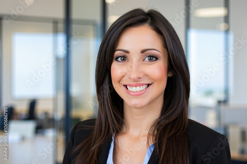 Smiling businesswoman posing in modern office setting