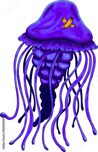 Illustration of a jellyfish swimming in purple