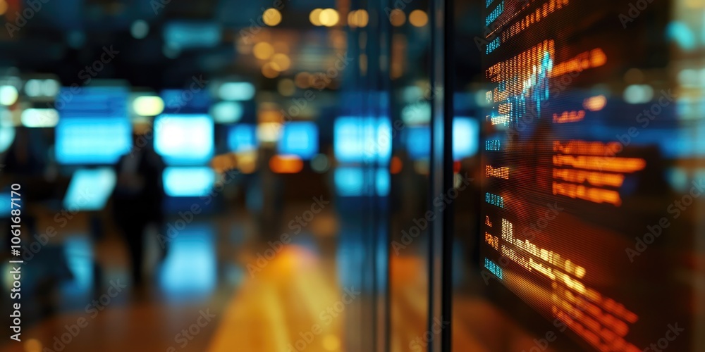 Digital wallet interface visible on a laptop screen, with a defocused corporate trading floor in the background. Digital wallet interface visible on a laptop screen, with a defocused corporate trading floor in the background.