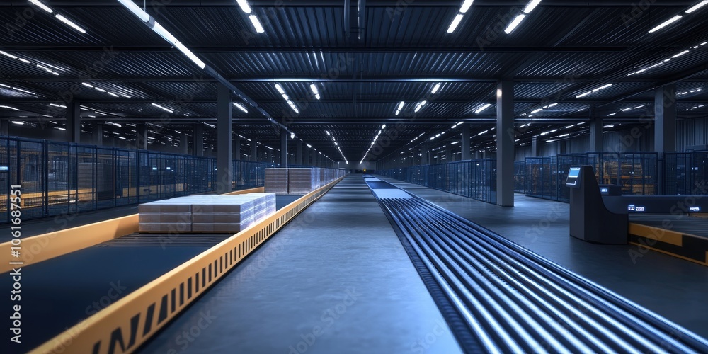Obraz premium High-efficiency warehouse with robotic sorting lines, automated packaging systems, and sophisticated inventory tracking mechanisms.