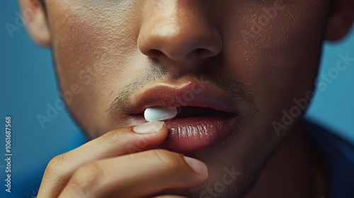 Close up of a young man taking a medicine pill for health and wellness management