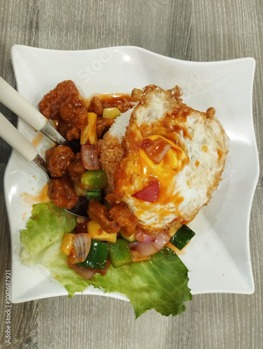 sweet and sour pork rice with fried egg