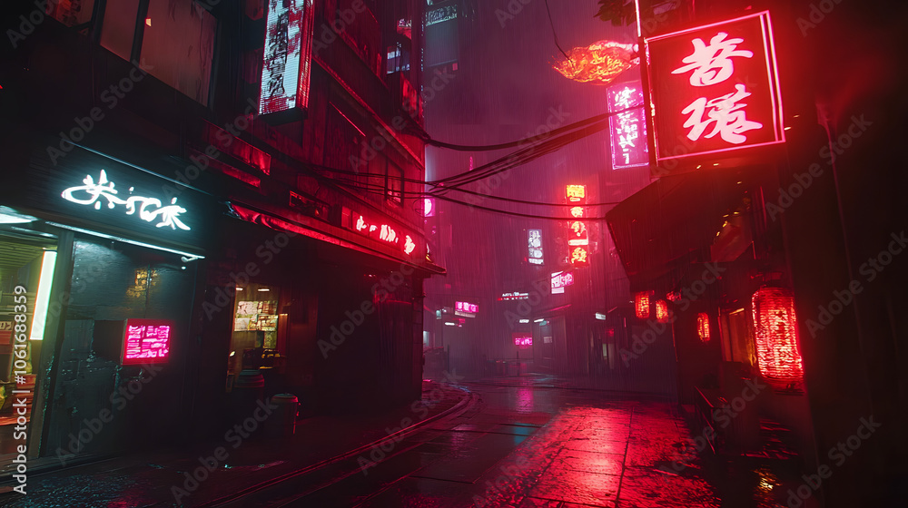 An eerie street with flickering neon lights and shadows dancing on the walls. An eerie street with flickering neon lights and shadows dancing on the walls.