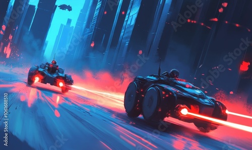 Futuristic vehicles race through a city.
