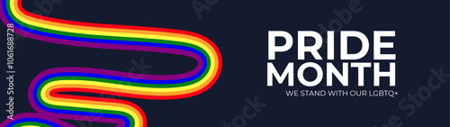 Celebrating pride month - long rainbow pride flag roll made to heart shape on black background. Lesbian Gay Bisexual Transgender. Celebrated annual. LGBT flag. Vector illustration