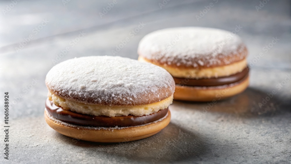 Two Delicate Powdered Sugar Cookies Filled with Sweet Chocolate Cream on a Grey Background Two Delicate Powdered Sugar Cookies Filled with Sweet Chocolate Cream on a Grey Background