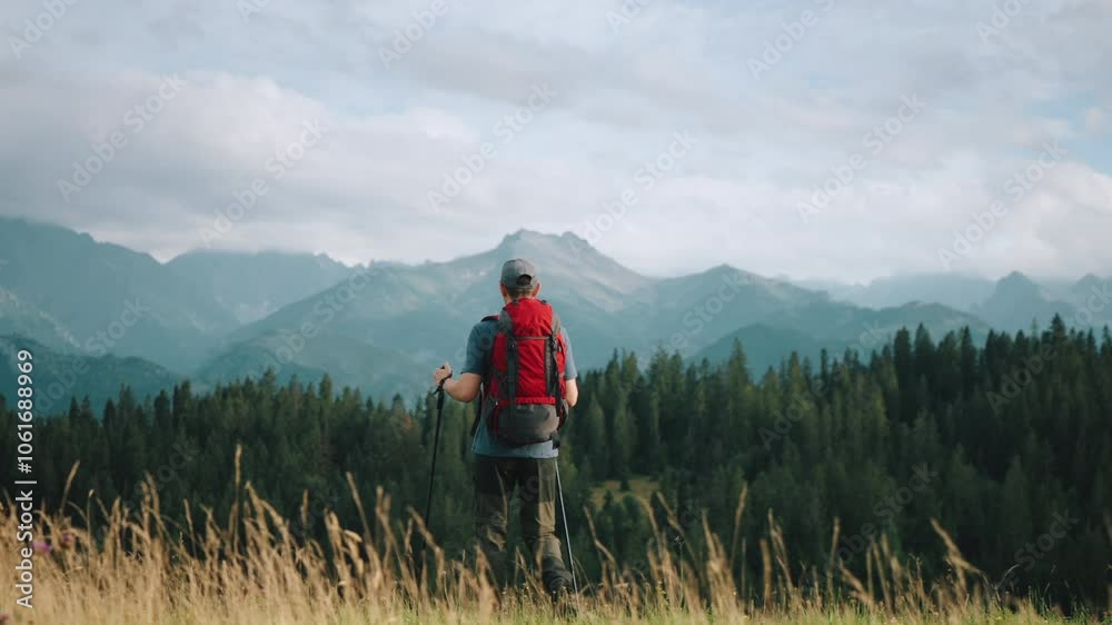 Back view following of man with red backpack and trekking poles walking on green grass meadow hill overlooking epic mountains covered with clouds. Male backpacker explorer hiking, sunny summer day